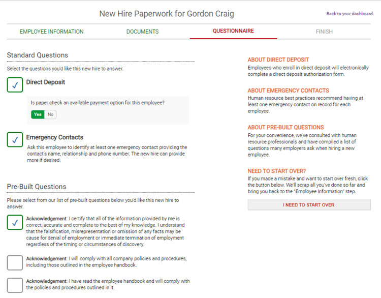 building out the questionnaire stage of onboarding