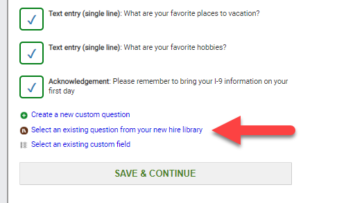 option to select an existing question for onboarding
