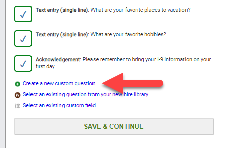 option to create a new question while onboarding