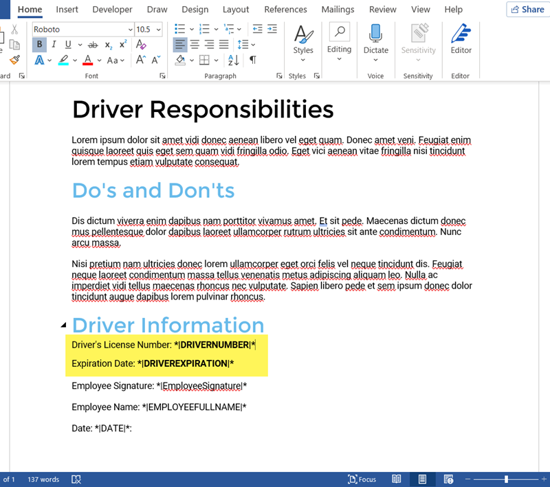 merge tags in a Word doc for drivers license review