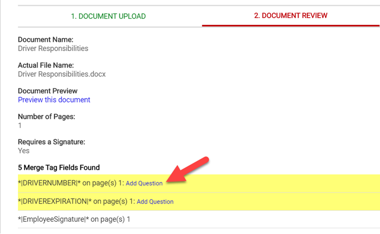 link to add a question related to a merge tag